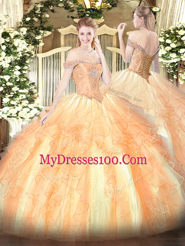 Flare Multi-color Off The Shoulder Neckline Beading and Ruffles Sweet 16 Dress Sleeveless Lace Up