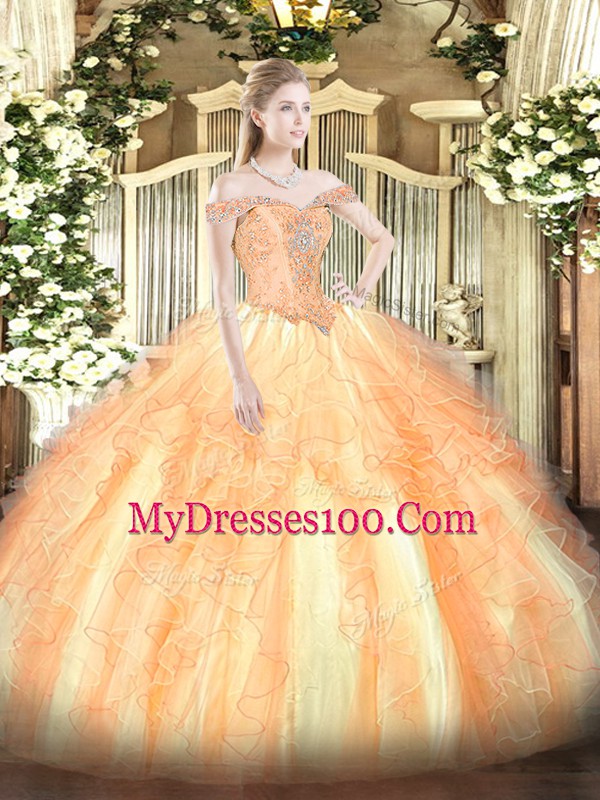Flare Multi-color Off The Shoulder Neckline Beading and Ruffles Sweet 16 Dress Sleeveless Lace Up
