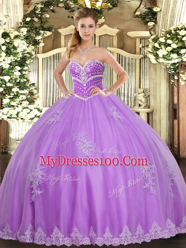 Dramatic Lavender Ball Gowns Sweetheart Sleeveless Tulle Floor Length Lace Up Beading and Appliques Sweet 16 Dress