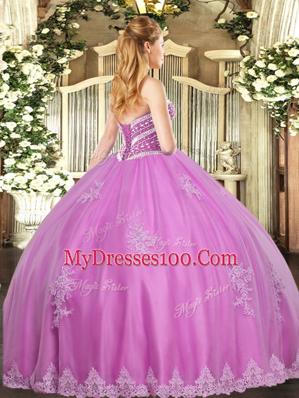 Dramatic Lavender Ball Gowns Sweetheart Sleeveless Tulle Floor Length Lace Up Beading and Appliques Sweet 16 Dress