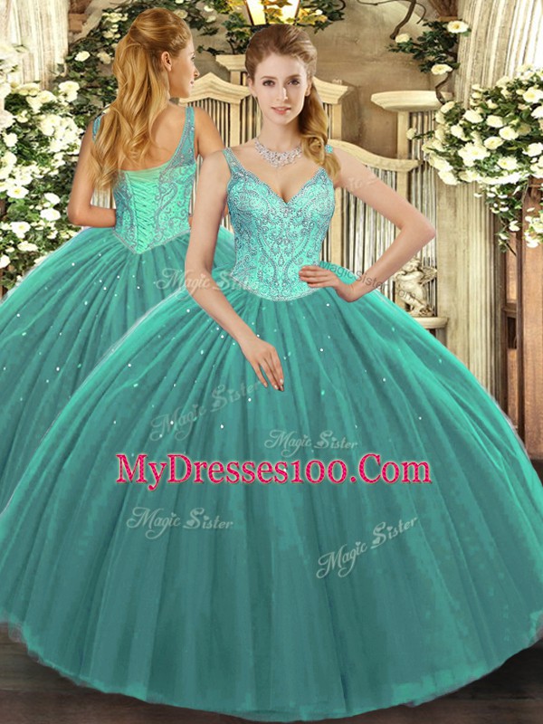 Stylish Floor Length Turquoise Sweet 16 Quinceanera Dress V-neck Sleeveless Lace Up