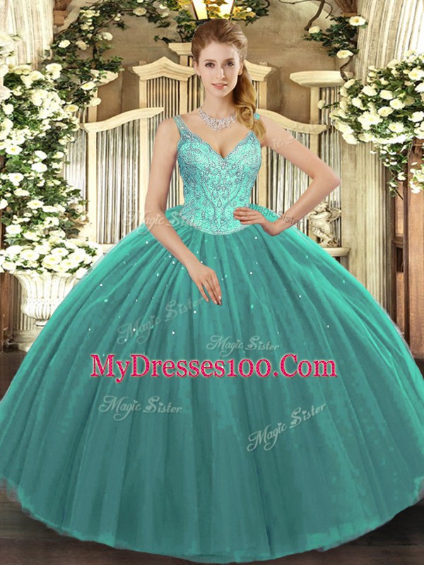 Stylish Floor Length Turquoise Sweet 16 Quinceanera Dress V-neck Sleeveless Lace Up