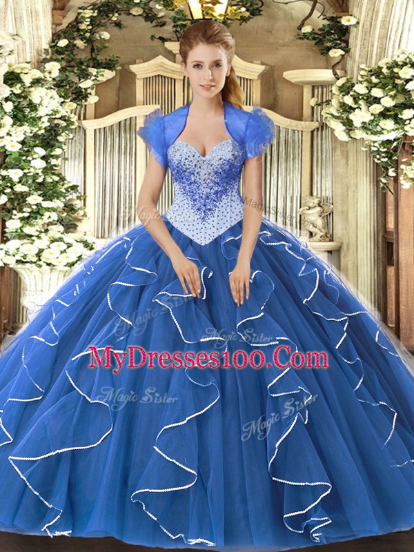 Blue Tulle Lace Up Quinceanera Dresses Cap Sleeves Floor Length Beading