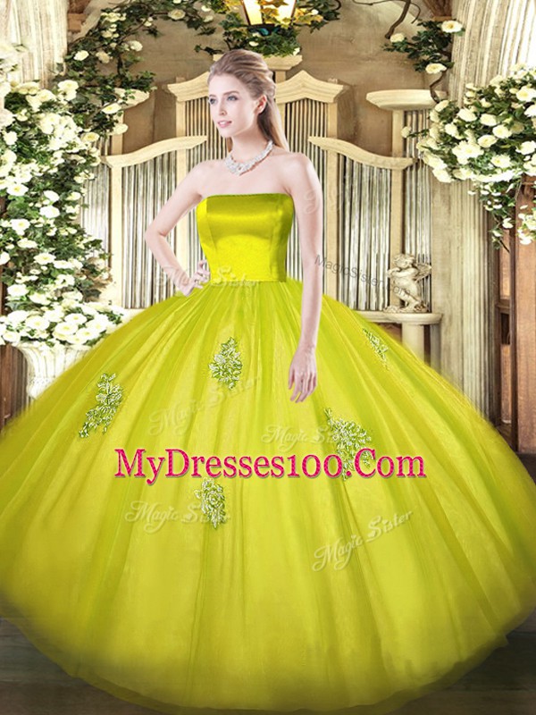 Customized Floor Length Olive Green 15th Birthday Dress Tulle Sleeveless Appliques