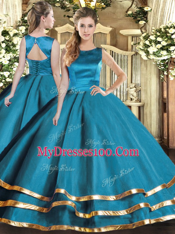 Stunning Floor Length Teal Quince Ball Gowns Tulle Sleeveless Ruffled Layers