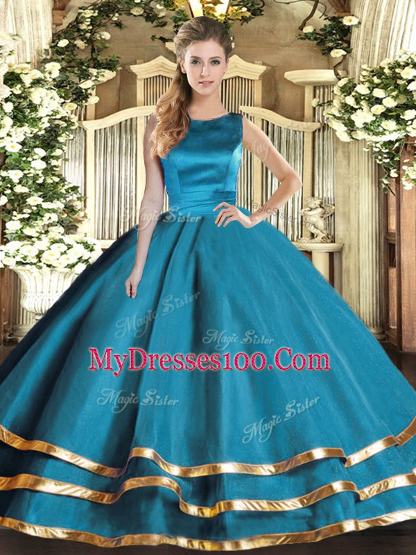 Stunning Floor Length Teal Quince Ball Gowns Tulle Sleeveless Ruffled Layers