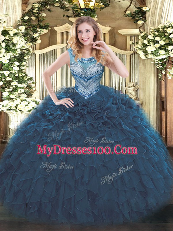 Fancy Sleeveless Lace Up Floor Length Beading and Ruffles Vestidos de Quinceanera