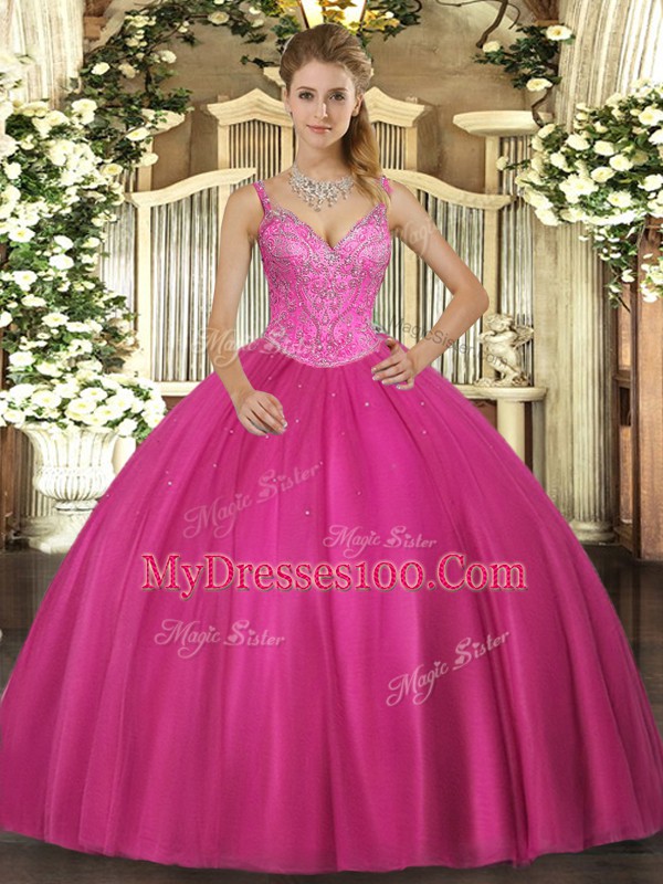 Ball Gowns Sweet 16 Dresses Fuchsia V-neck Tulle Sleeveless Floor Length Lace Up