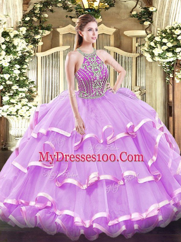 Eye-catching Tulle Halter Top Sleeveless Lace Up Beading and Ruffled Layers Quince Ball Gowns in Lilac