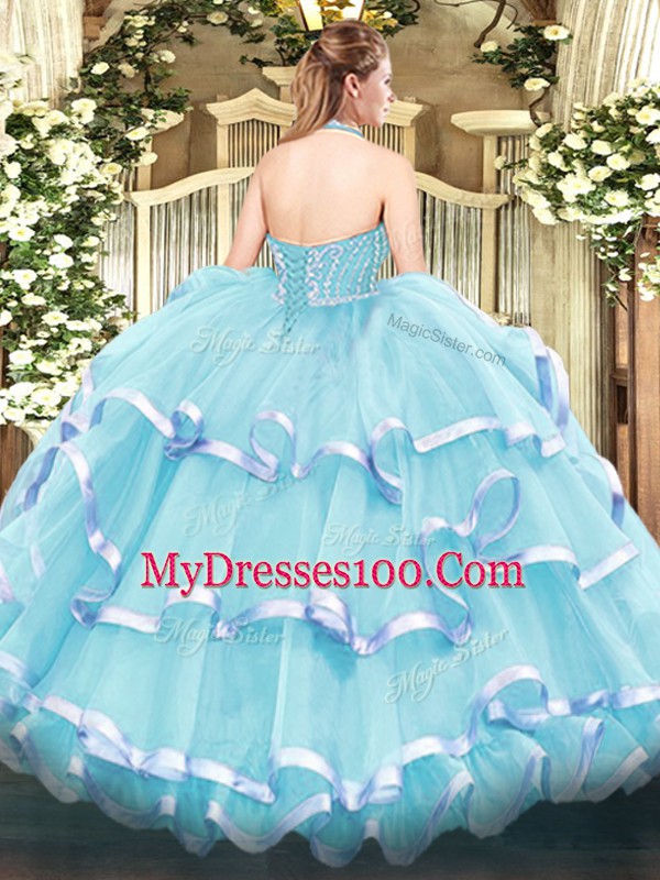 Eye-catching Tulle Halter Top Sleeveless Lace Up Beading and Ruffled Layers Quince Ball Gowns in Lilac