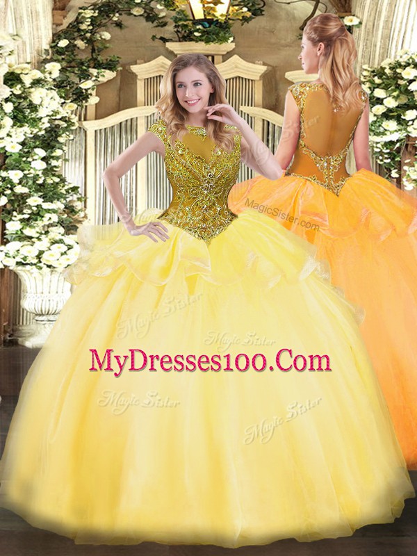 Cap Sleeves Zipper Floor Length Beading and Appliques 15th Birthday Dress