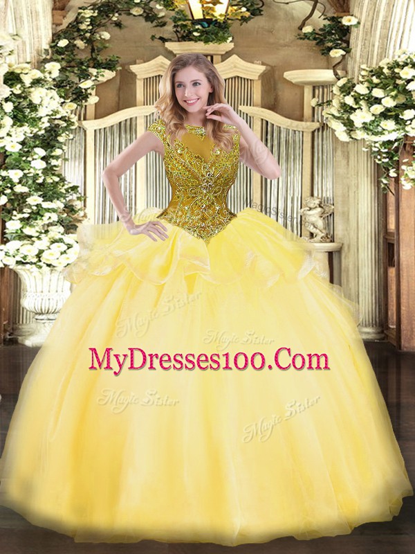 Cap Sleeves Zipper Floor Length Beading and Appliques 15th Birthday Dress