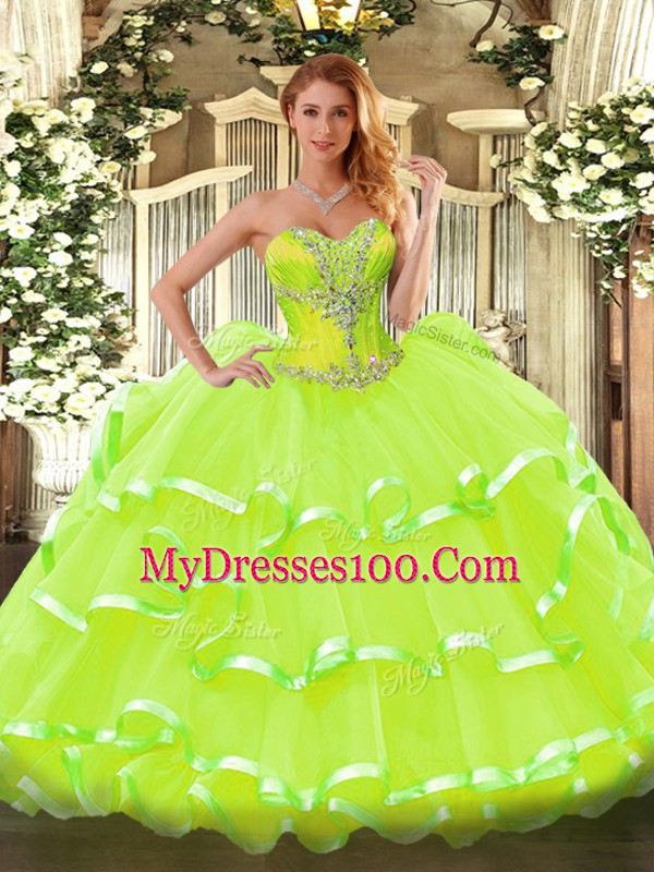 Fitting Sweetheart Sleeveless Organza 15th Birthday Dress Beading and Ruffled Layers Lace Up