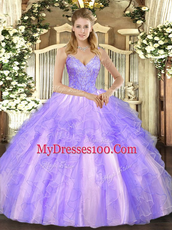 Noble Lavender V-neck Lace Up Beading and Ruffles Sweet 16 Quinceanera Dress Sleeveless
