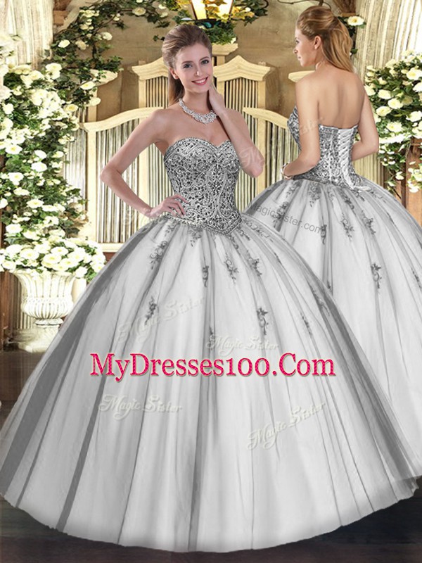 Glorious Grey Ball Gowns Tulle Sweetheart Sleeveless Beading and Appliques Floor Length Lace Up Quinceanera Dress