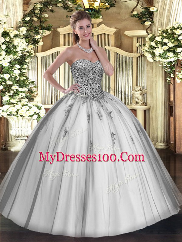 Glorious Grey Ball Gowns Tulle Sweetheart Sleeveless Beading and Appliques Floor Length Lace Up Quinceanera Dress