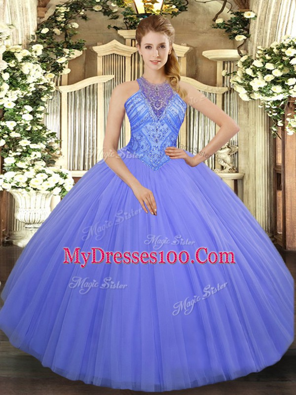 New Style Lavender Ball Gowns Tulle High-neck Sleeveless Beading Floor Length Lace Up Sweet 16 Dress