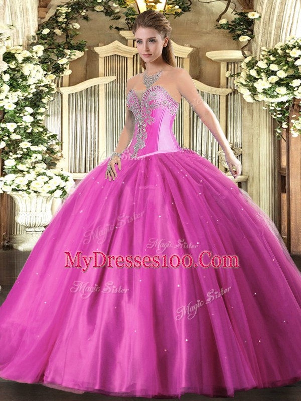 Luxury Fuchsia Sleeveless Floor Length Beading Lace Up Sweet 16 Dress