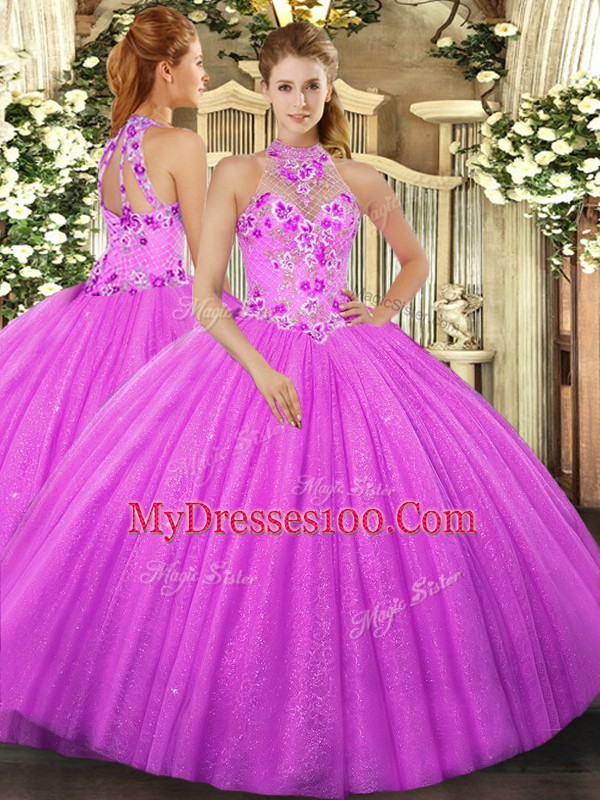 Classical Halter Top Sleeveless Tulle Quinceanera Gowns Beading and Embroidery Lace Up