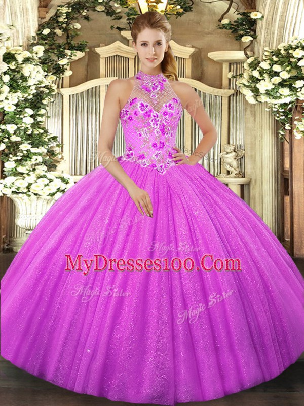Classical Halter Top Sleeveless Tulle Quinceanera Gowns Beading and Embroidery Lace Up