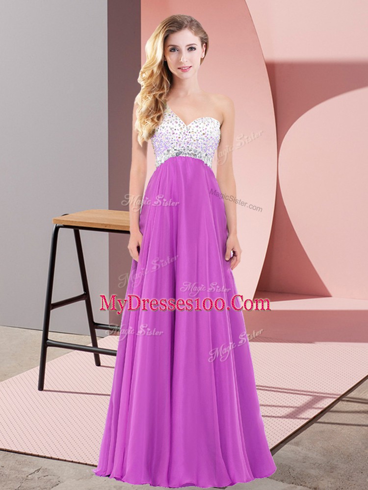 Fuchsia Lace Up Prom Dress Beading Sleeveless Floor Length