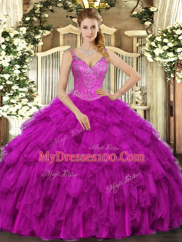 Floor Length Fuchsia Sweet 16 Dress Organza Sleeveless Beading and Ruffles
