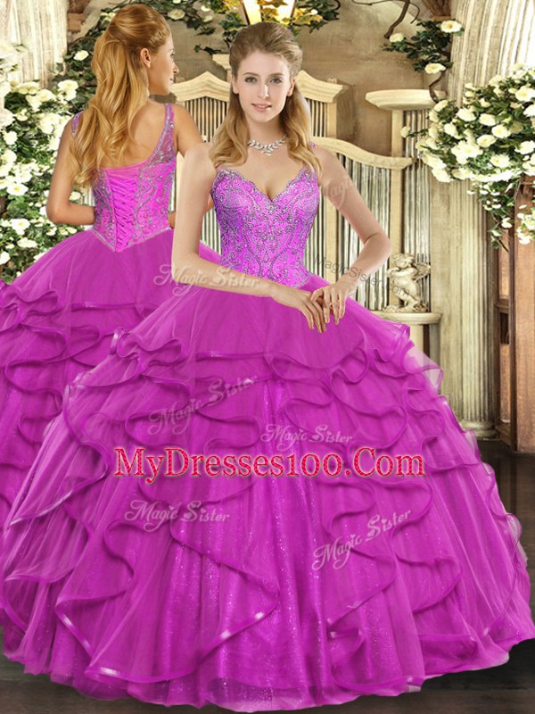 Lovely Beading and Ruffles Sweet 16 Quinceanera Dress Fuchsia Lace Up Sleeveless Floor Length