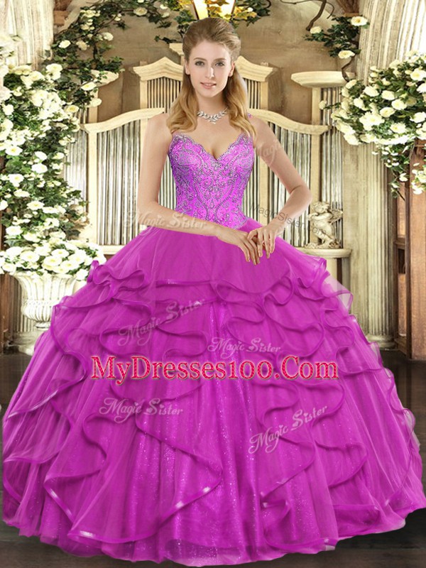 Lovely Beading and Ruffles Sweet 16 Quinceanera Dress Fuchsia Lace Up Sleeveless Floor Length