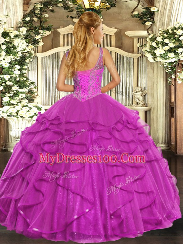 Lovely Beading and Ruffles Sweet 16 Quinceanera Dress Fuchsia Lace Up Sleeveless Floor Length