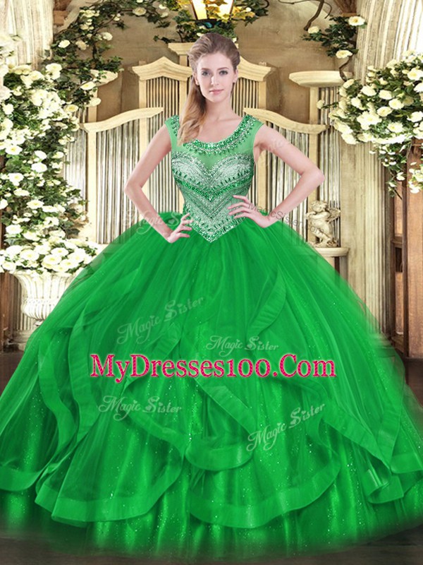Floor Length Green Sweet 16 Dresses Tulle Sleeveless Beading and Ruffles