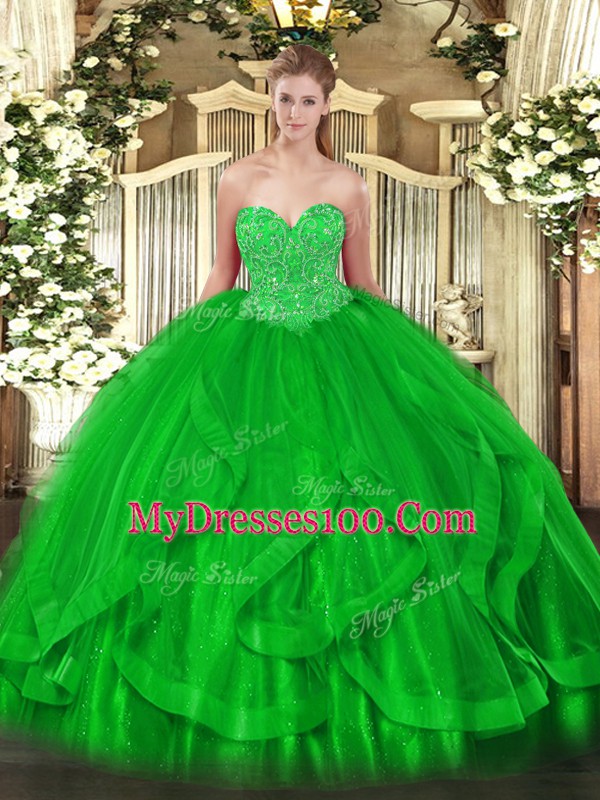 Green Organza Lace Up Sweetheart Sleeveless Floor Length Sweet 16 Dress Beading and Ruffles