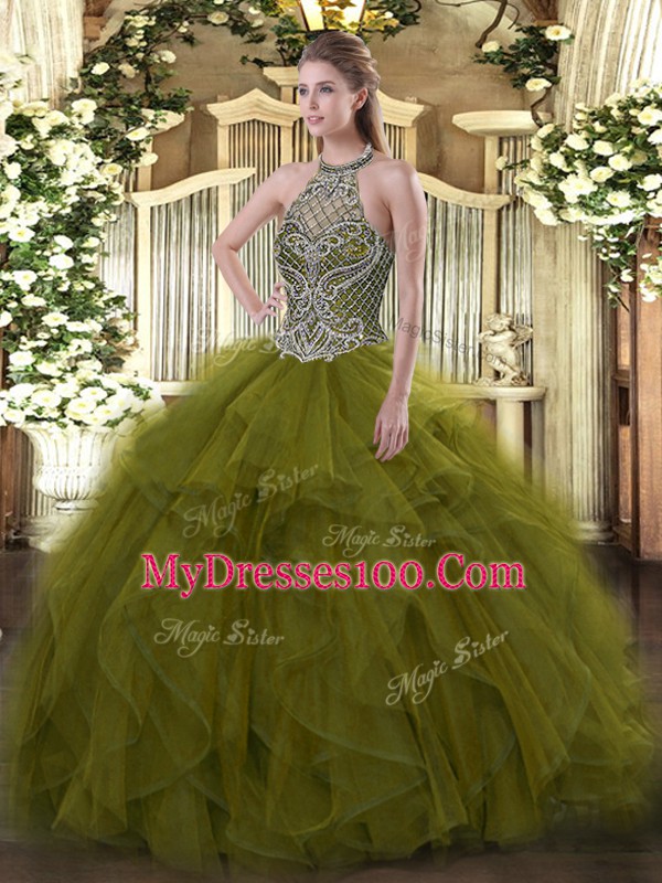 Olive Green Lace Up Sweet 16 Dresses Beading Sleeveless Floor Length