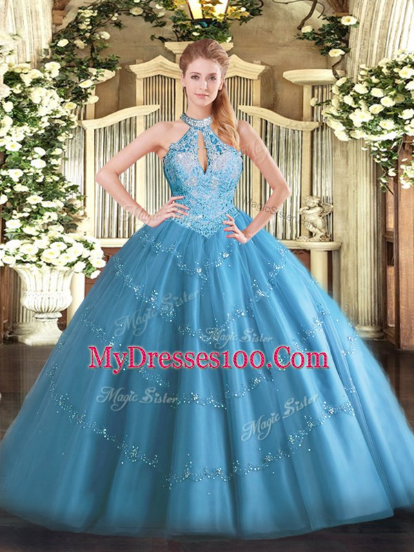 Fashionable Tulle Halter Top Sleeveless Lace Up Beading 15 Quinceanera Dress in Baby Blue