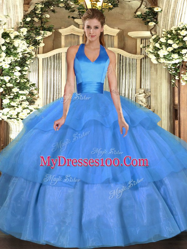 Custom Fit Halter Top Sleeveless Tulle Quince Ball Gowns Ruffled Layers Lace Up