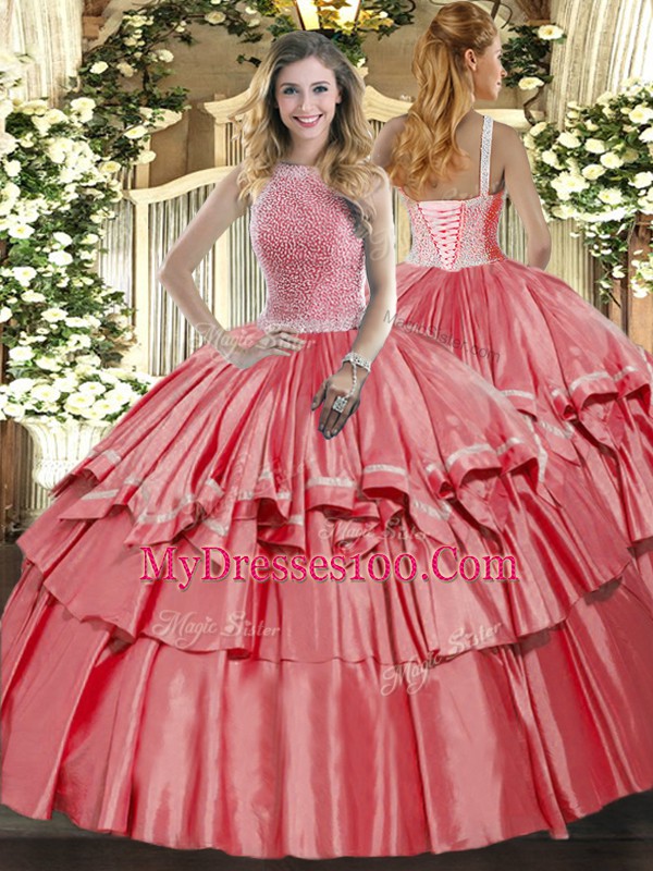 Coral Red Lace Up Sweet 16 Quinceanera Dress Beading and Ruffled Layers Sleeveless Floor Length