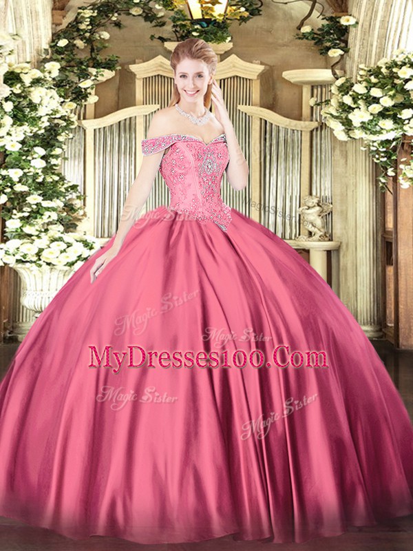 Hot Pink Lace Up Off The Shoulder Beading 15th Birthday Dress Satin Sleeveless