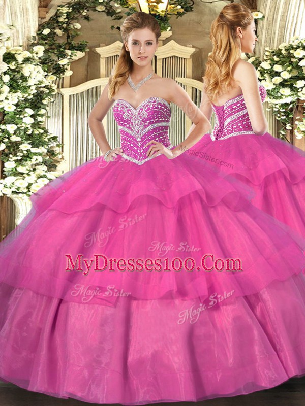 Fancy Sweetheart Sleeveless 15 Quinceanera Dress Floor Length Beading and Ruffled Layers Hot Pink Tulle
