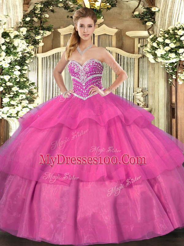Fancy Sweetheart Sleeveless 15 Quinceanera Dress Floor Length Beading and Ruffled Layers Hot Pink Tulle