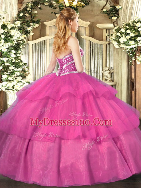 Fancy Sweetheart Sleeveless 15 Quinceanera Dress Floor Length Beading and Ruffled Layers Hot Pink Tulle