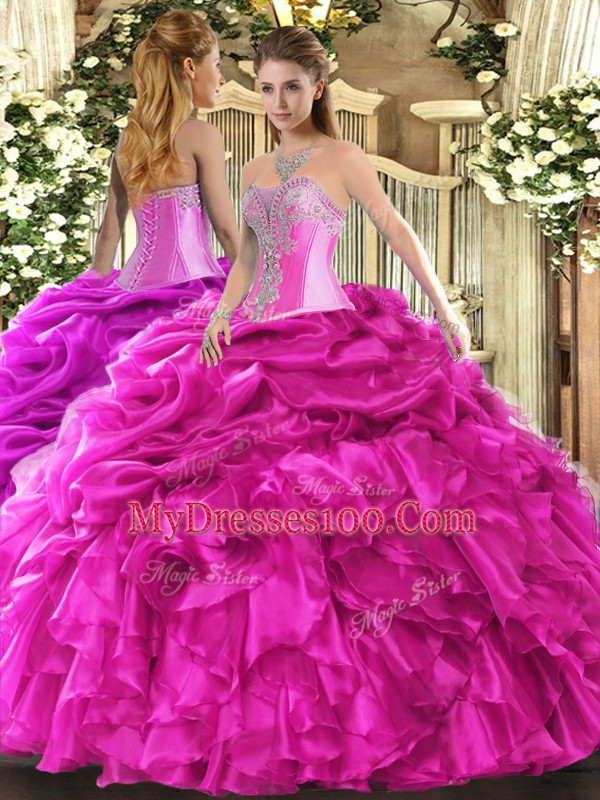 Trendy Floor Length Hot Pink Vestidos de Quinceanera Sweetheart Sleeveless Lace Up
