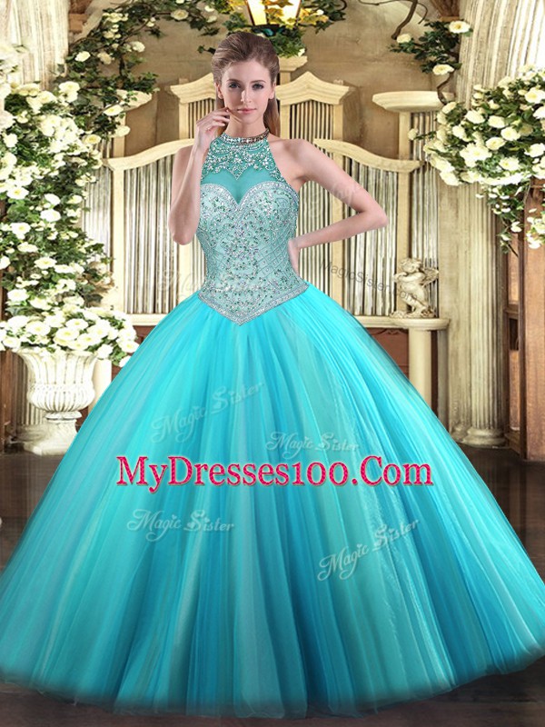 Luxury Floor Length Aqua Blue Sweet 16 Quinceanera Dress Tulle Sleeveless Beading