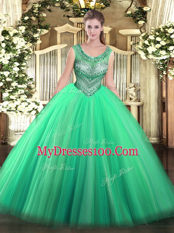 Floor Length Turquoise Quinceanera Gowns Scoop Sleeveless Lace Up