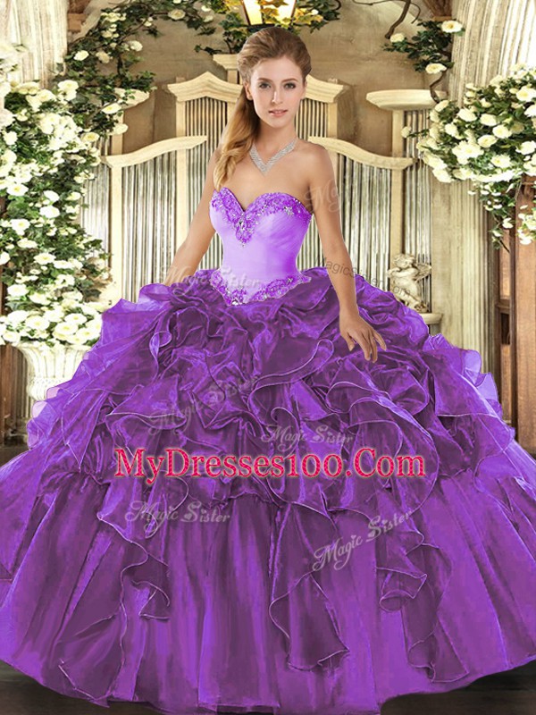 Sweetheart Sleeveless Quinceanera Gown Floor Length Beading and Ruffles Purple Organza
