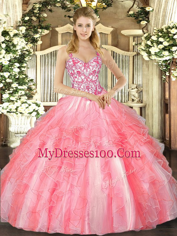 Amazing Coral Red Lace Up Sweet 16 Dress Beading and Ruffles Sleeveless Floor Length