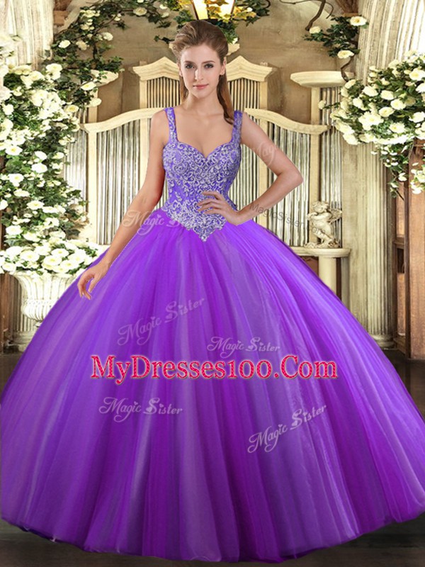 V-neck Sleeveless Quinceanera Dress Floor Length Beading Purple Tulle