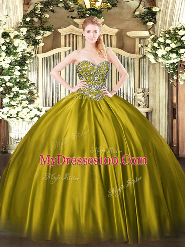Low Price Floor Length Olive Green Quinceanera Gown Satin Sleeveless Beading
