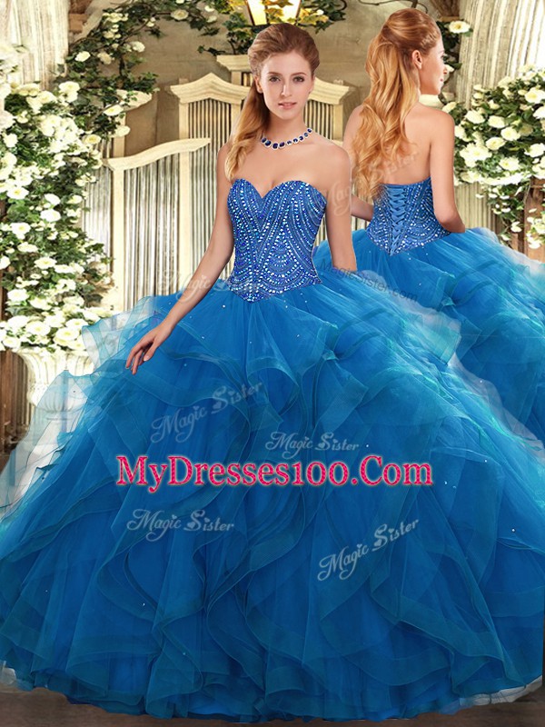 Popular Floor Length Blue Sweet 16 Dress Sweetheart Sleeveless Lace Up