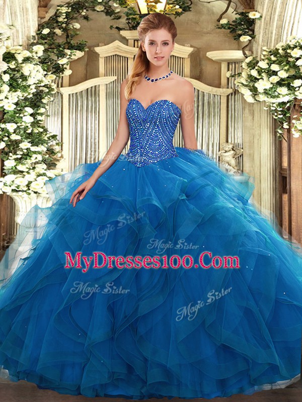 Popular Floor Length Blue Sweet 16 Dress Sweetheart Sleeveless Lace Up