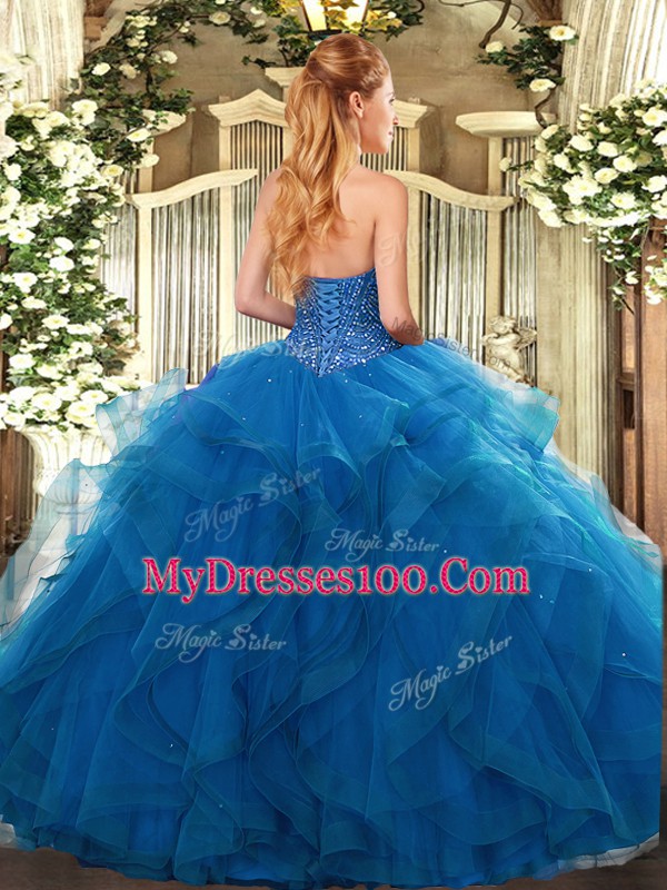 Popular Floor Length Blue Sweet 16 Dress Sweetheart Sleeveless Lace Up