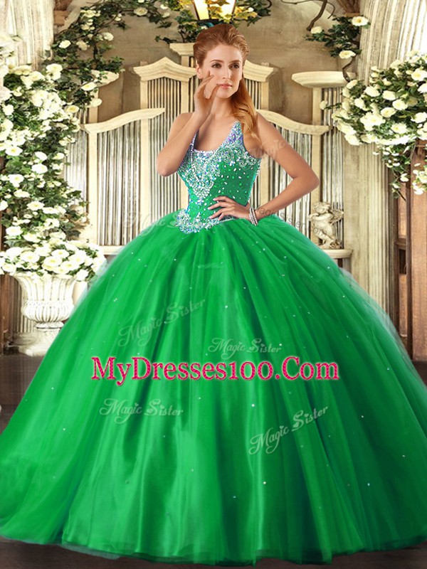 Fancy Ball Gowns Quinceanera Gown Green Straps Tulle Sleeveless Floor Length Lace Up